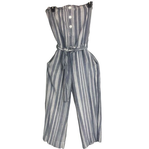 Cloth & Stone Linen Rayon Blue & White Striped Strapless Removable Belt Jumper S - Picture 9 of 9